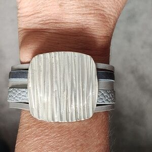 TRÏBE Matte Silver Colored Square Faux Leather Statement Bracelet NWT
